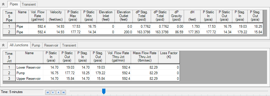 The pipe and junction transient data at 5 minutes.